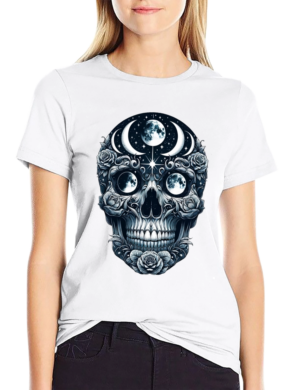 Mystic Moon Skull Graphic Tee - Dark Gothic Style