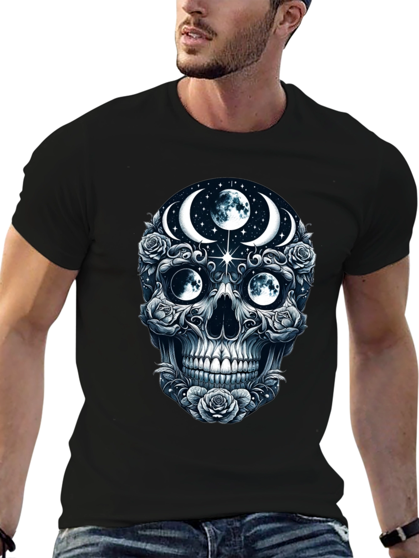 Mystic Moon Skull Graphic Tee - Dark Gothic Style