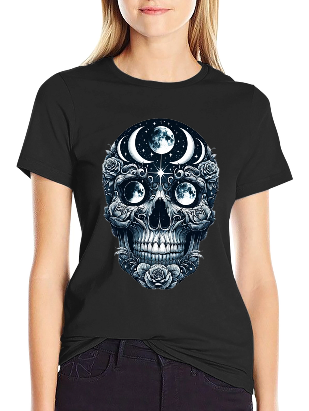 Mystic Moon Skull Graphic Tee - Dark Gothic Style