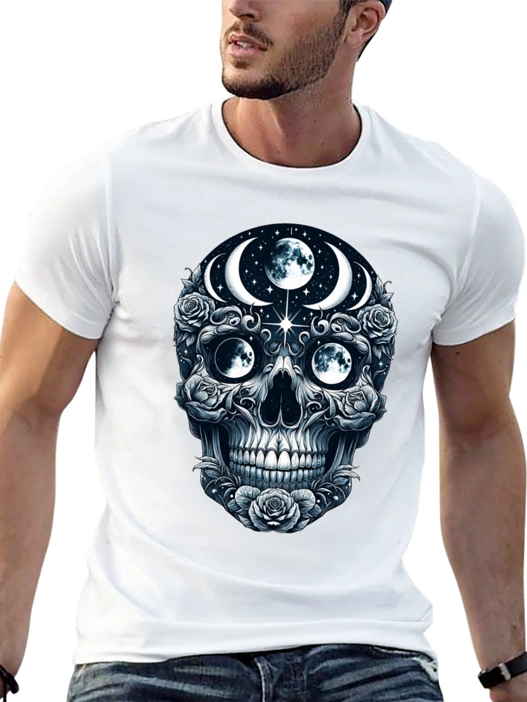 Mystic Moon Skull Graphic Tee - Dark Gothic Style