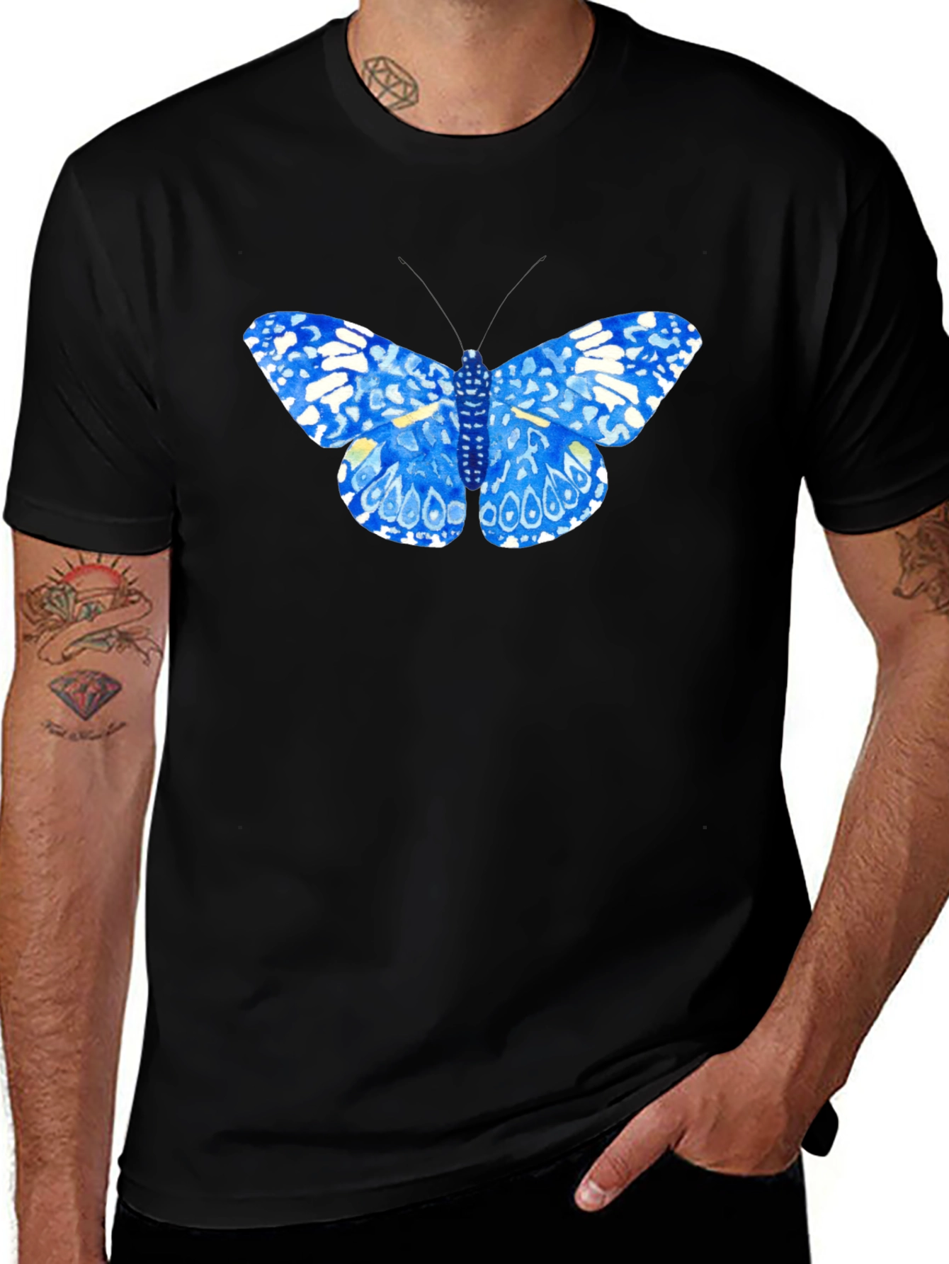 Blue Butterfly Graphic Tee - Stylish Black T-Shirt
