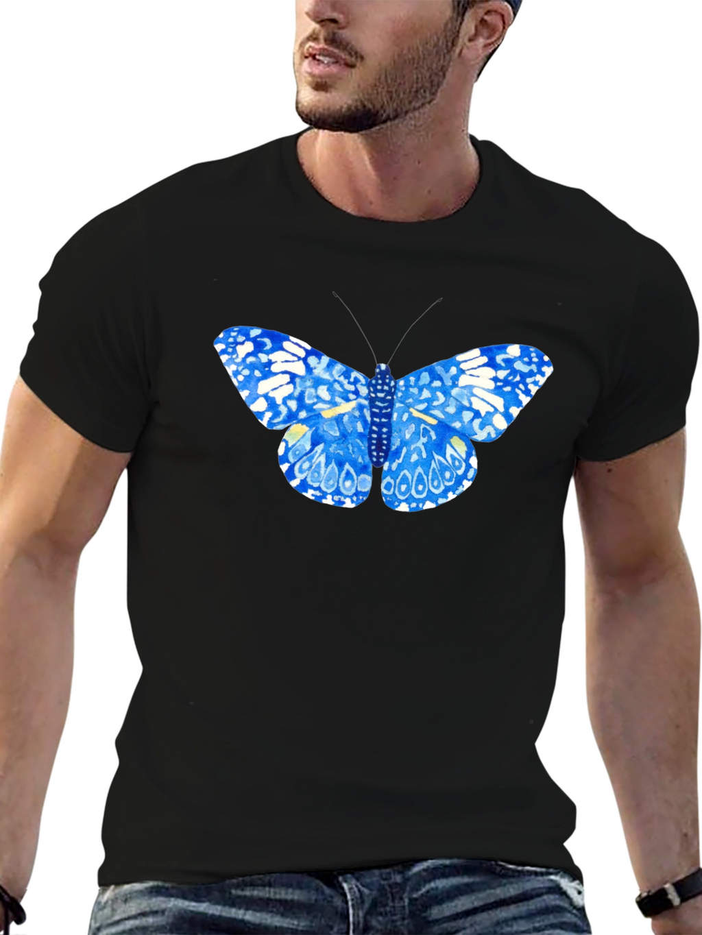 Blue Butterfly Graphic Tee - Stylish Black T-Shirt