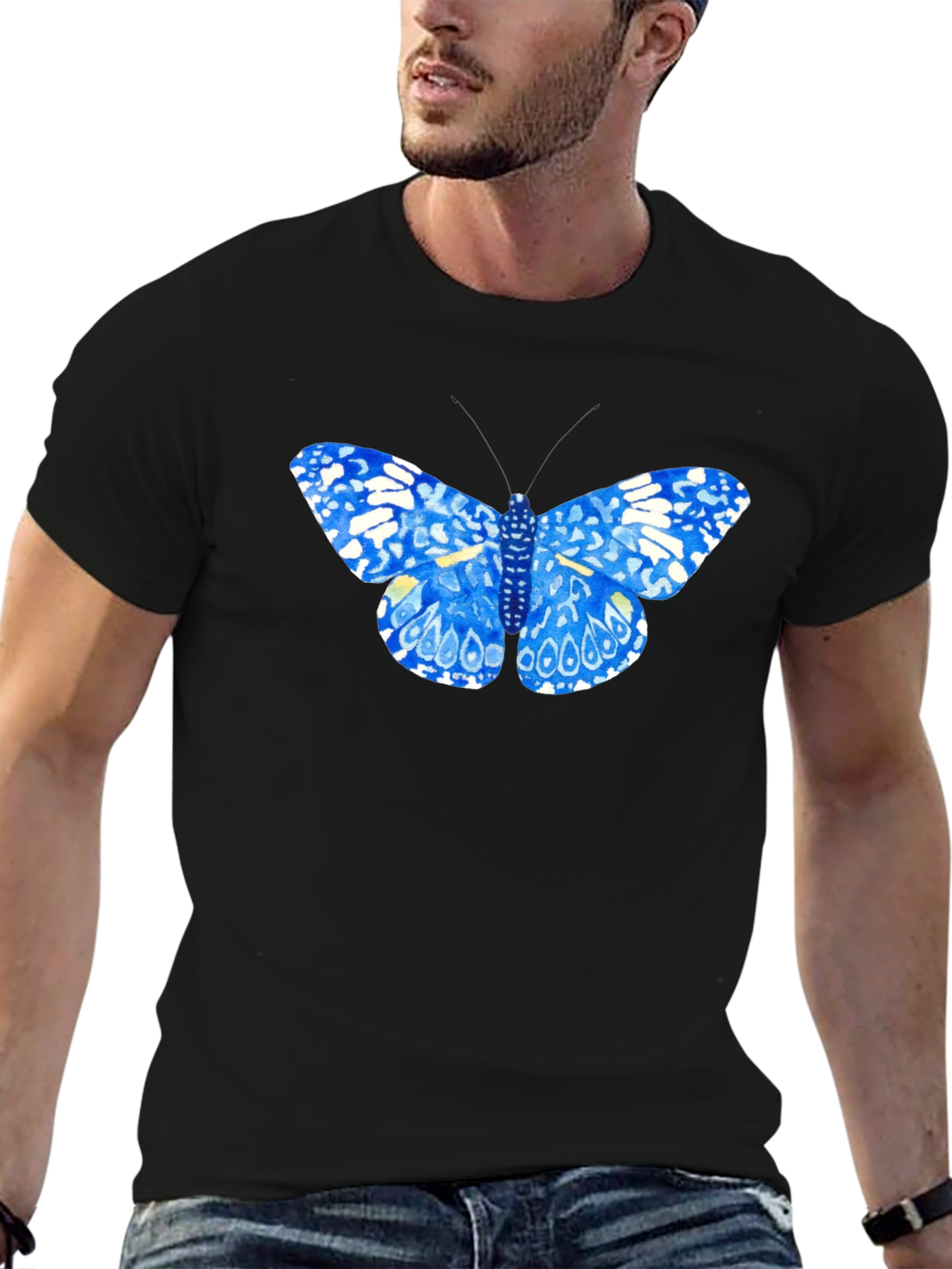 Blue Butterfly Graphic Tee - Stylish Black T-Shirt