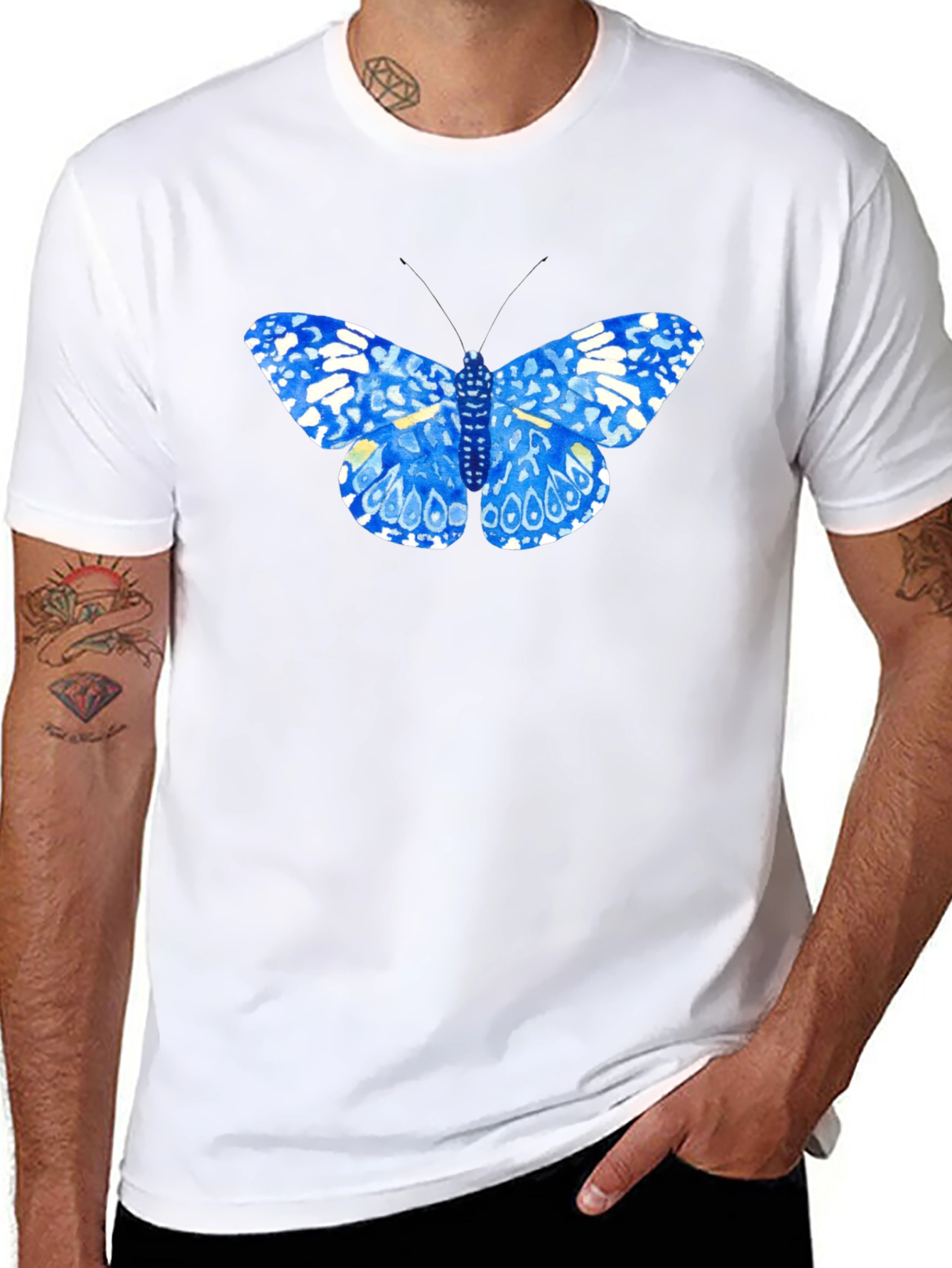 Blue Butterfly Graphic Tee - Stylish Black T-Shirt