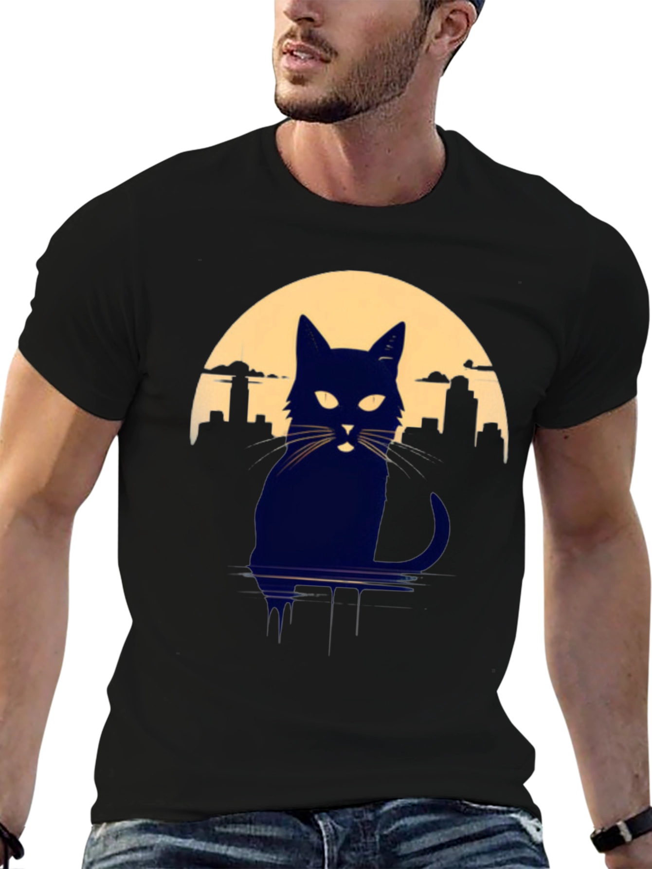 Cat Silhouette T-Shirt - Cityscape Moon Graphic Tee