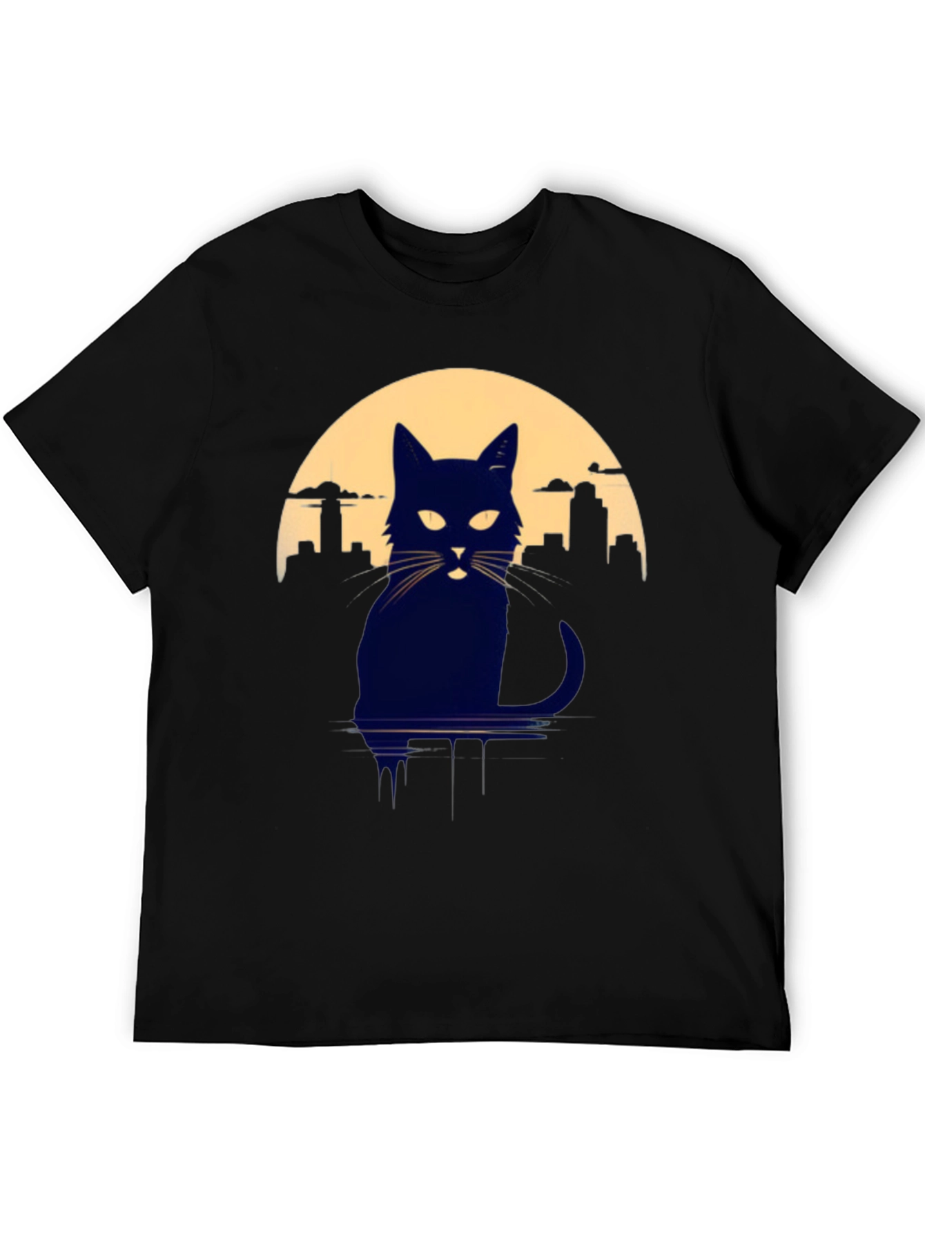Cat Silhouette T-Shirt - Cityscape Moon Graphic Tee
