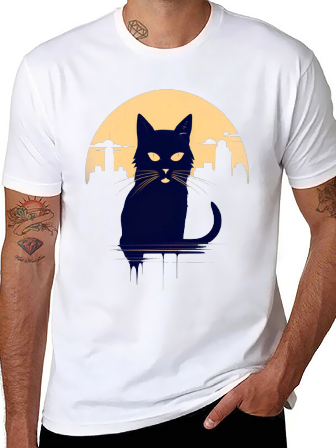 Cat Silhouette T-Shirt - Cityscape Moon Graphic Tee