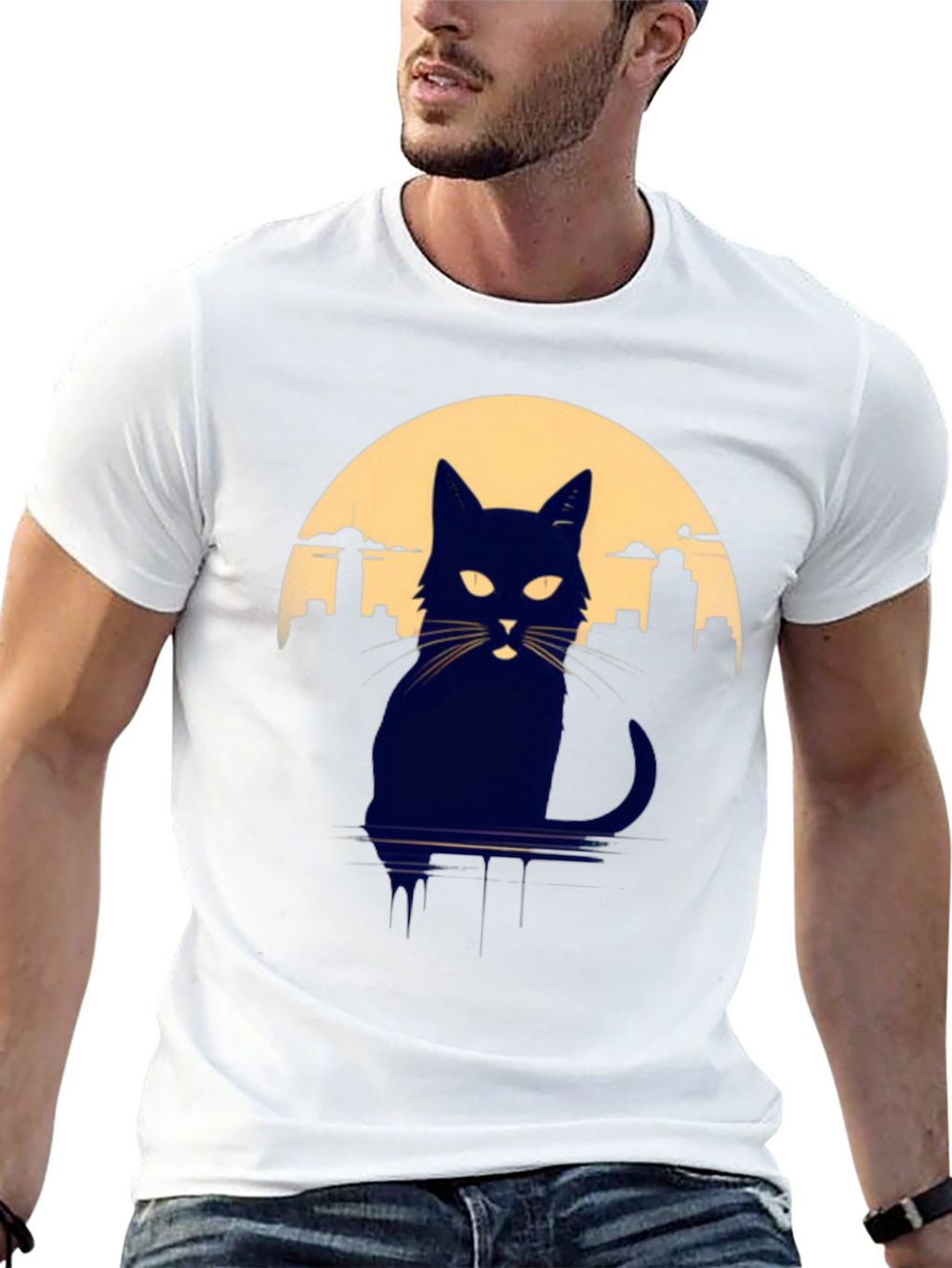 Cat Silhouette T-Shirt - Cityscape Moon Graphic Tee