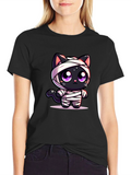Cute Mummy Cat Graphic T-Shirt - Halloween Style