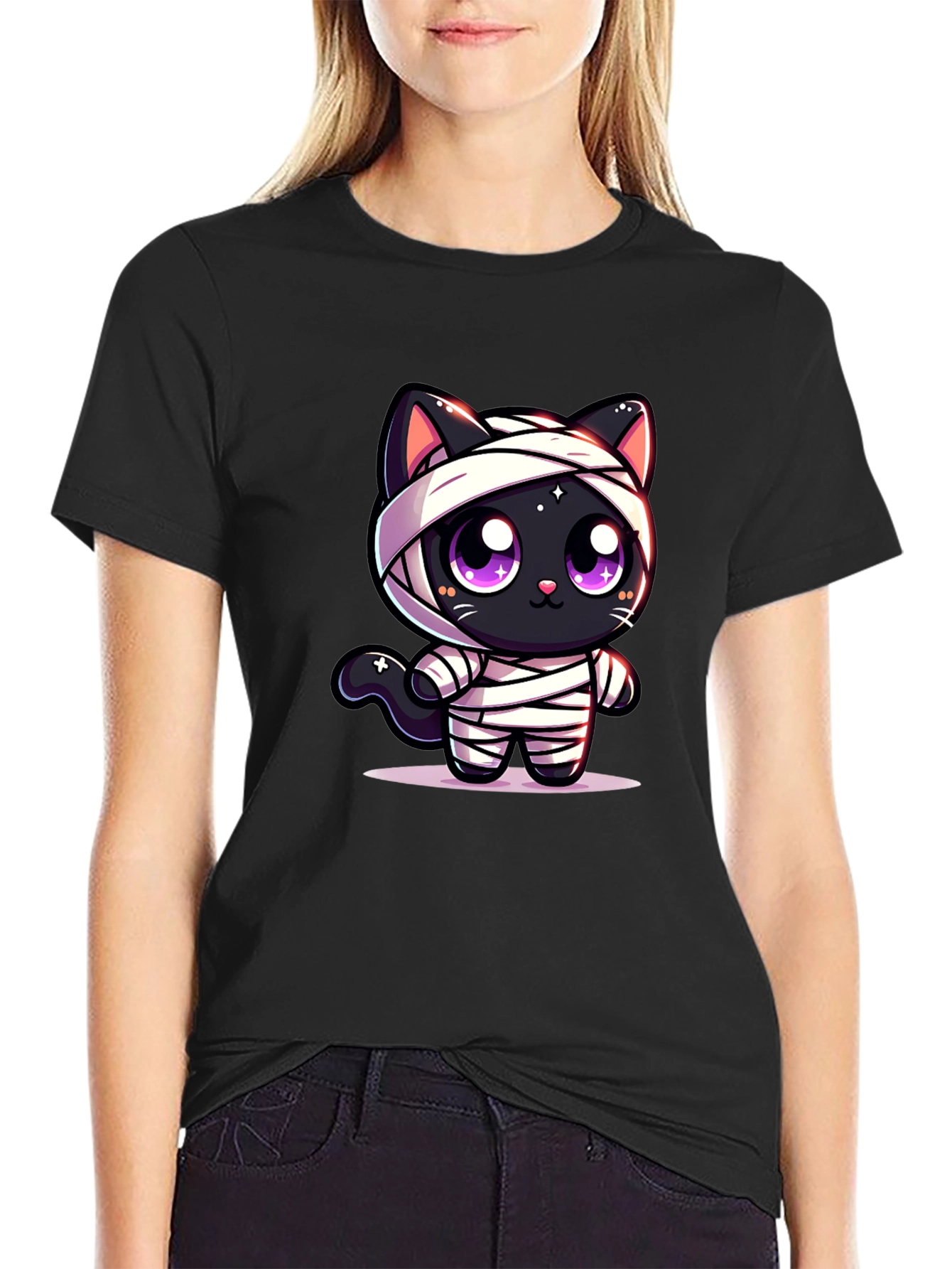 Cute Mummy Cat Graphic T-Shirt - Halloween Style