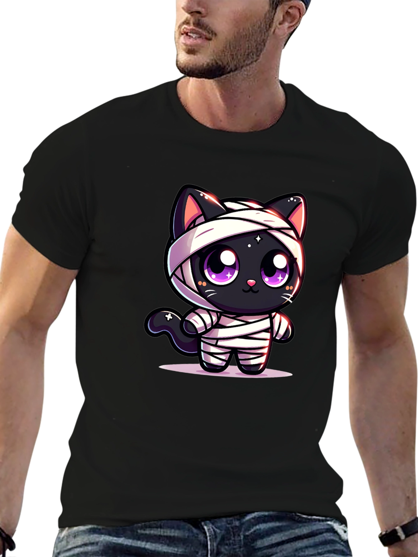 Cute Mummy Cat Graphic T-Shirt - Halloween Style