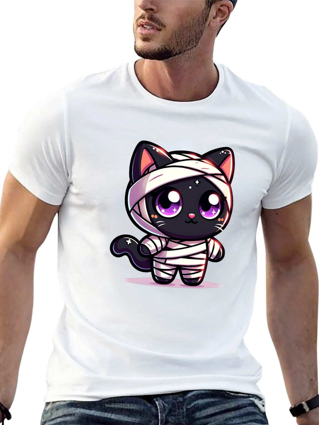 Cute Mummy Cat Graphic T-Shirt - Halloween Style