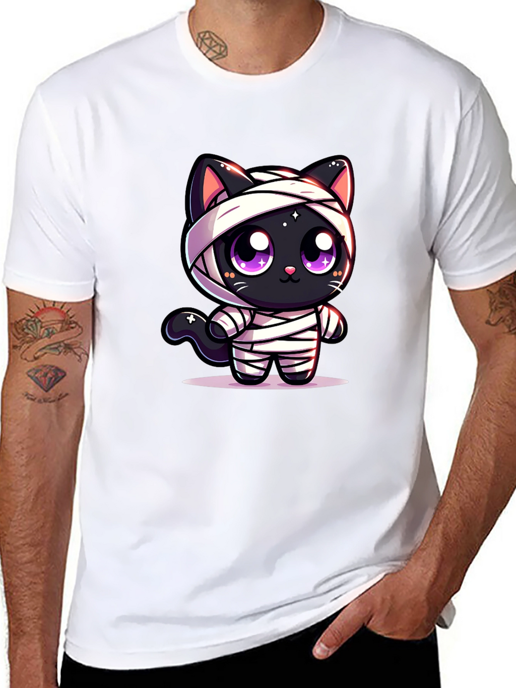 Cute Mummy Cat Graphic T-Shirt - Halloween Style