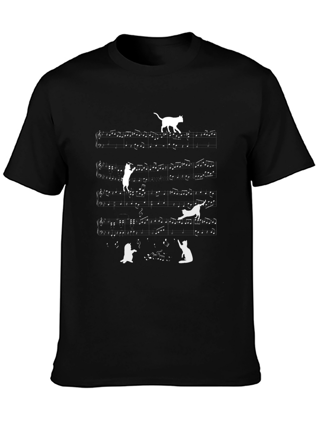 Cat Music Notes T-Shirt - Black Crew Neck Tee