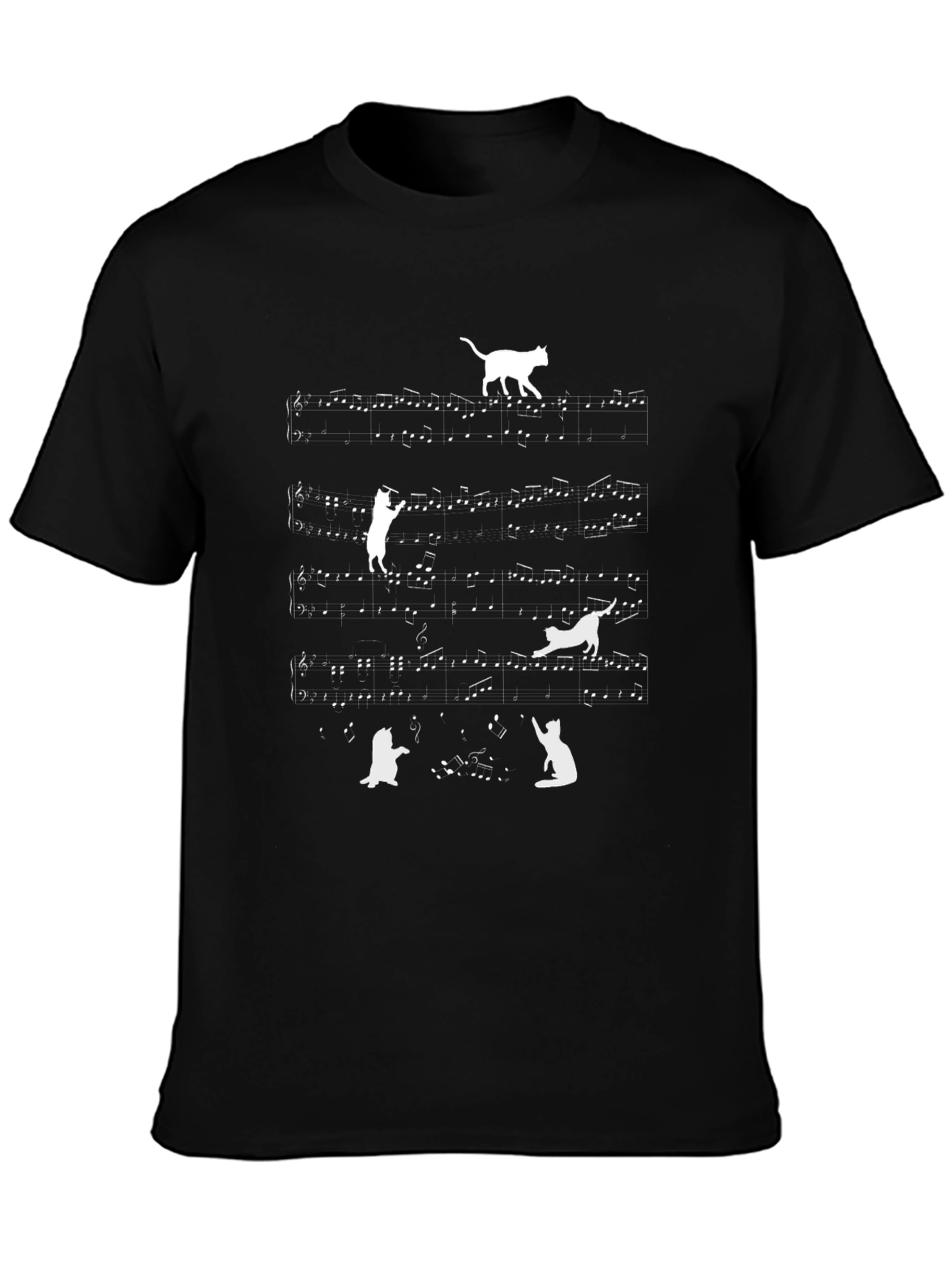 Cat Music Notes T-Shirt - Black Crew Neck Tee