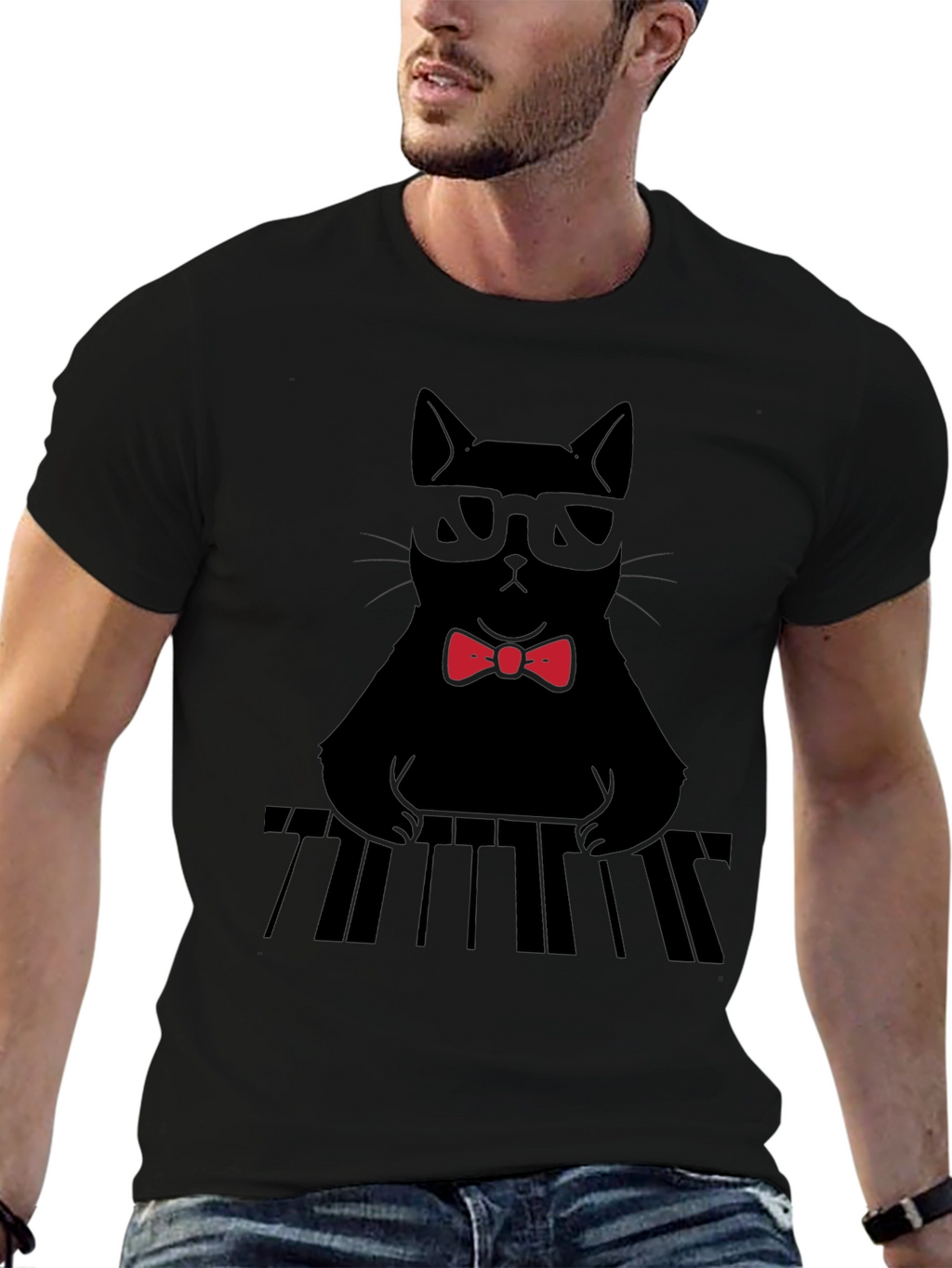 Cat Musician T-Shirt - Cool Cat With Bowtie