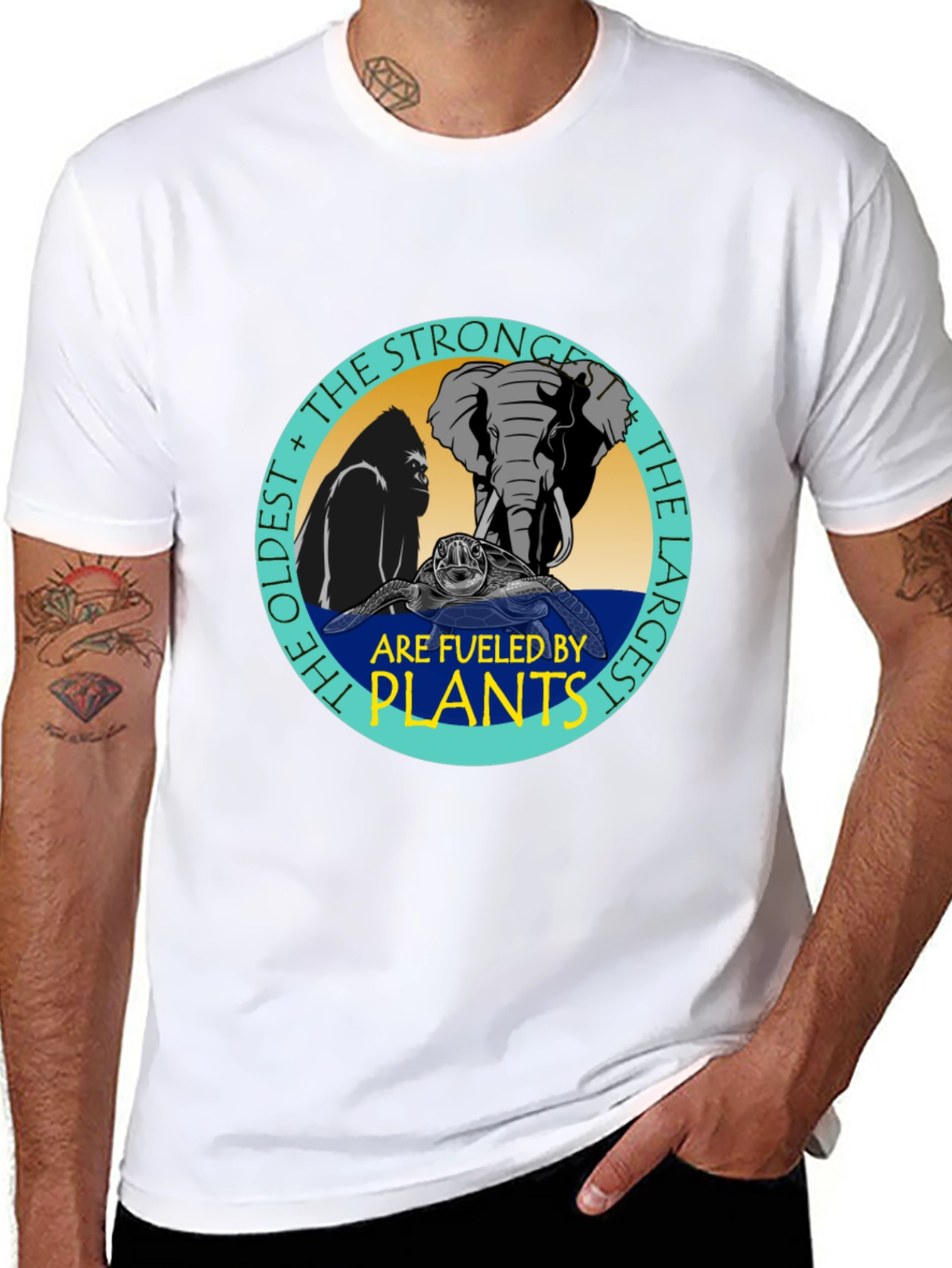 Fueled By Plants T-Shirt: Gorilla Elephant Turtle Design