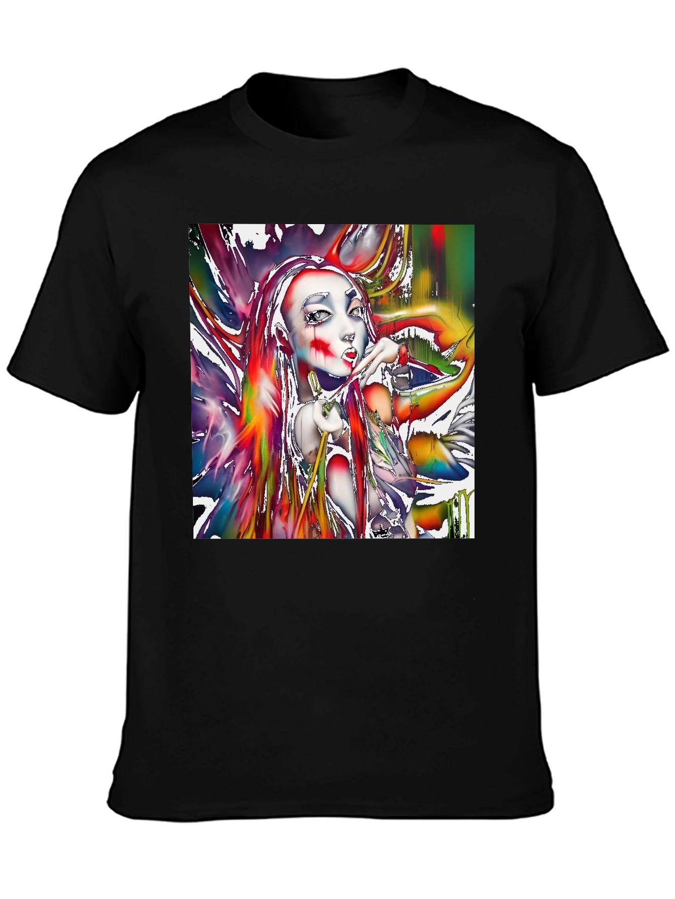 Artistic Girl Print Black T-Shirt