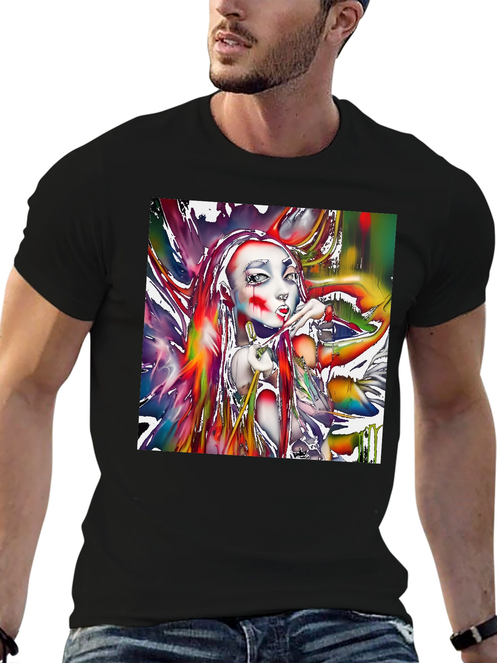 Artistic Girl Print Black T-Shirt
