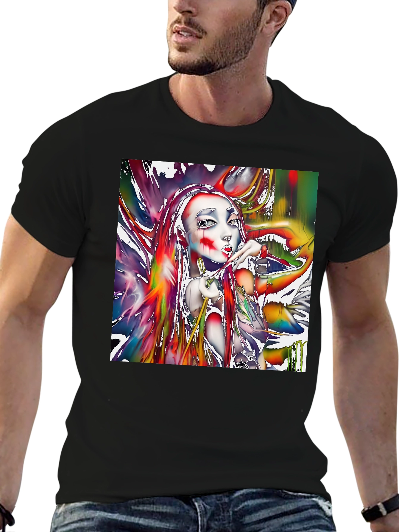 Artistic Girl Print Black T-Shirt