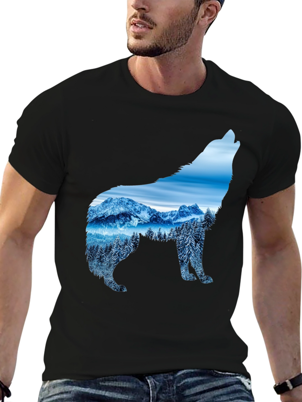 Wolf Mountain Scene Graphic Tee - Black