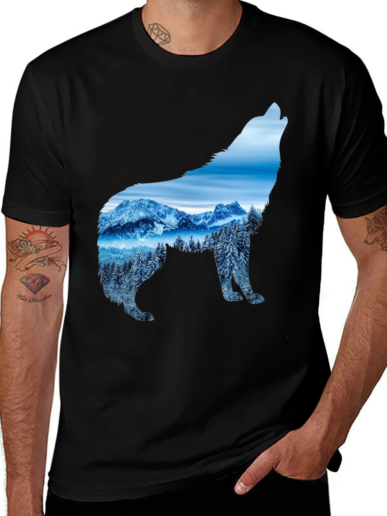 Wolf Mountain Scene Graphic Tee - Black