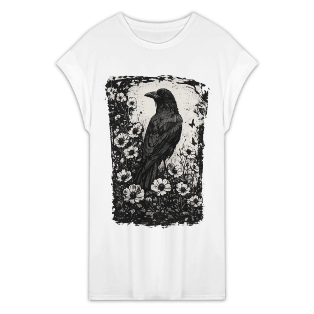 Gothic Raven Floral Graphic Tee – Dark Aesthetic Crow & Wildflower Vintage Shirt(z878)