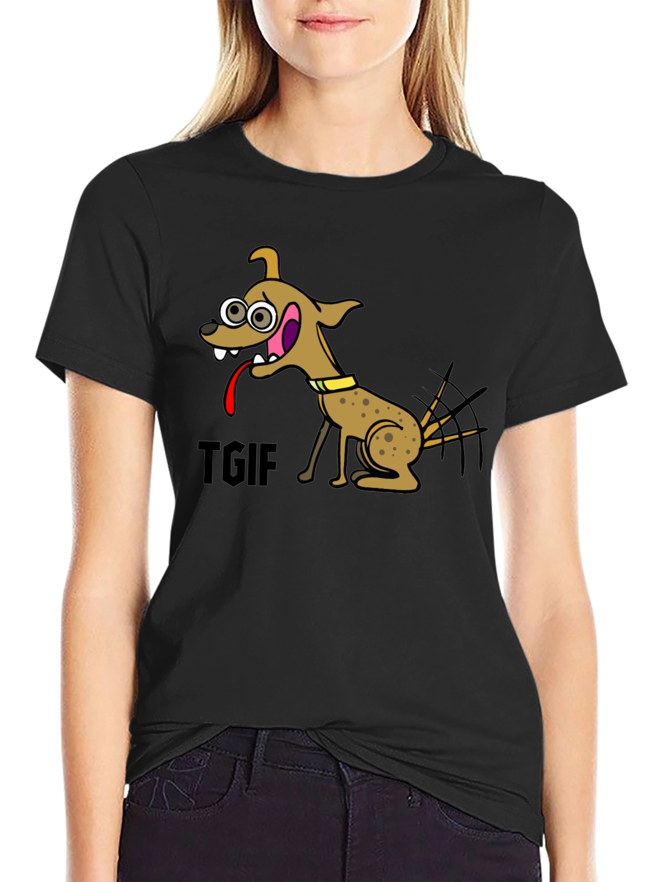 TGIF Cartoon Dog Black T-Shirt