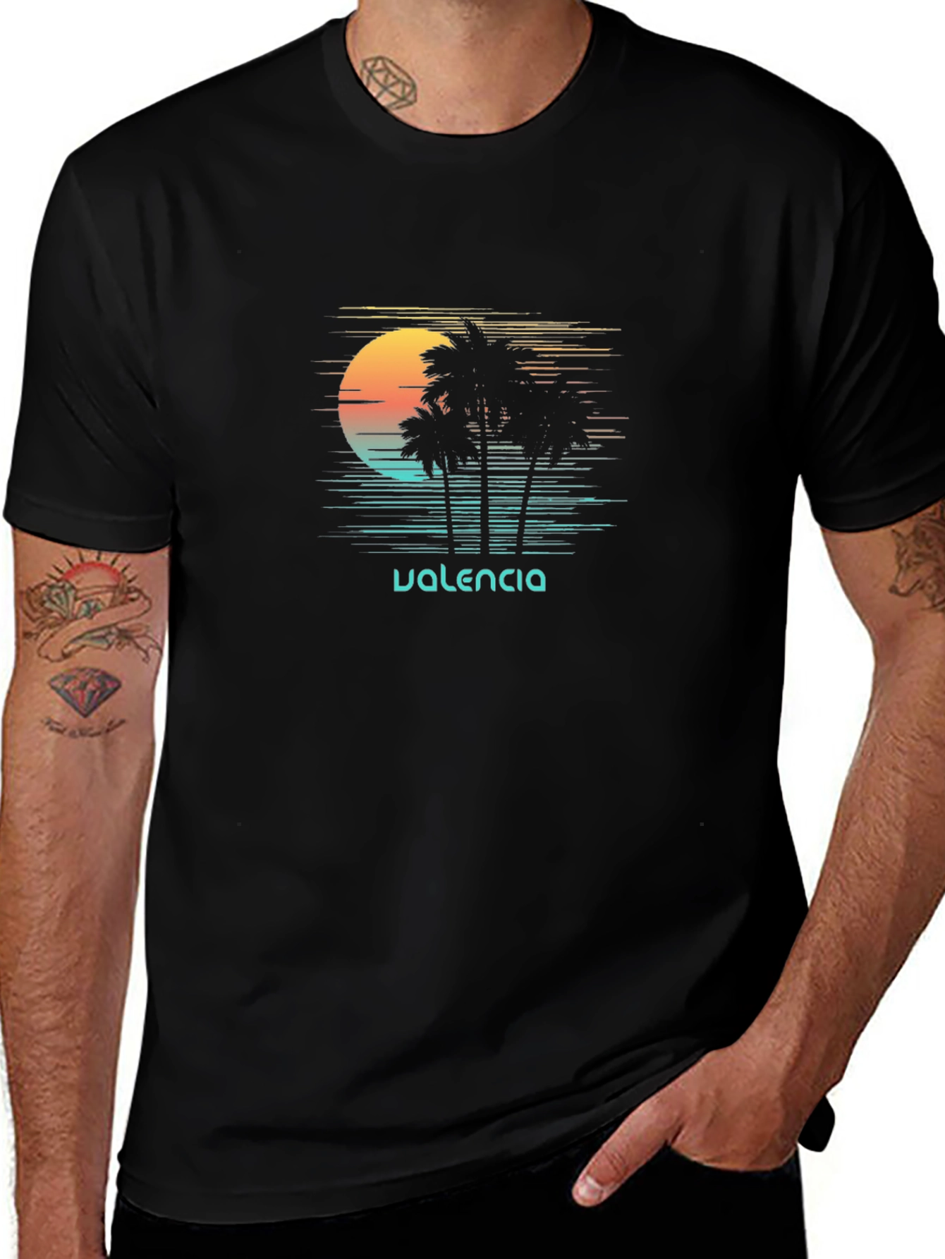 Valencia Palm Tree Sunset Graphic Tee - Black