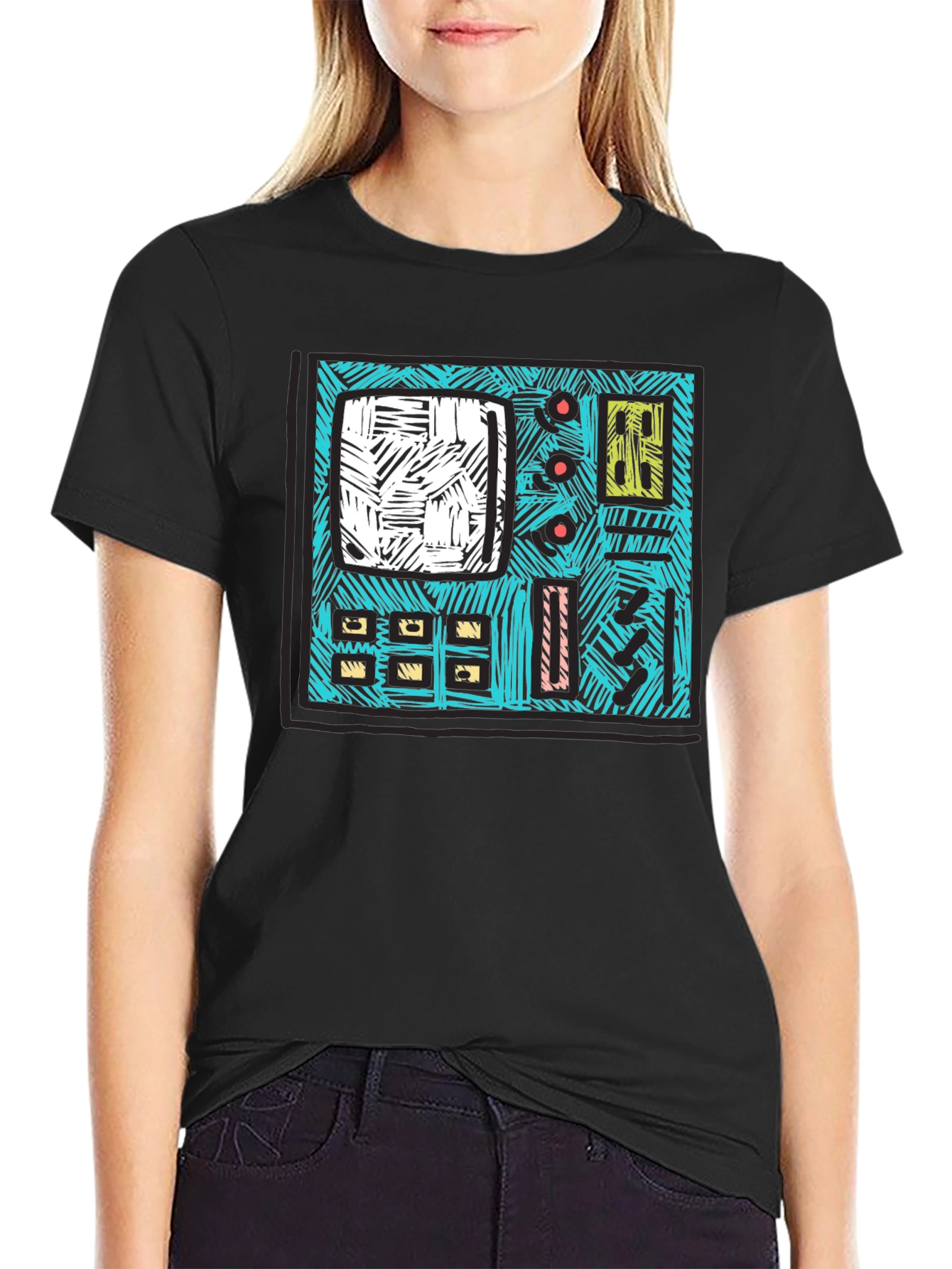 Retro Synth Graphic Tee - Black Cotton T-Shirt