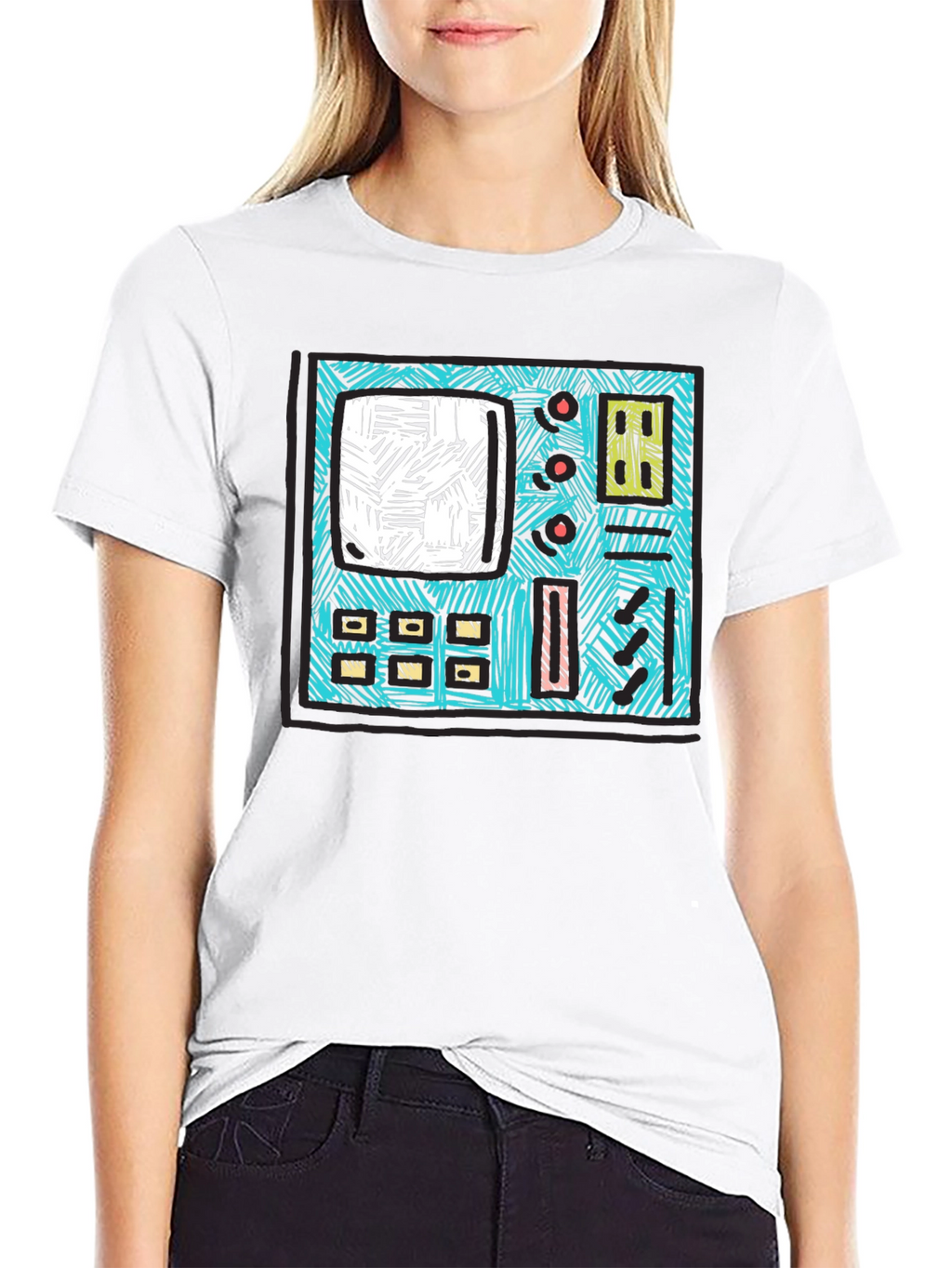 Retro Synth Graphic Tee - Black Cotton T-Shirt