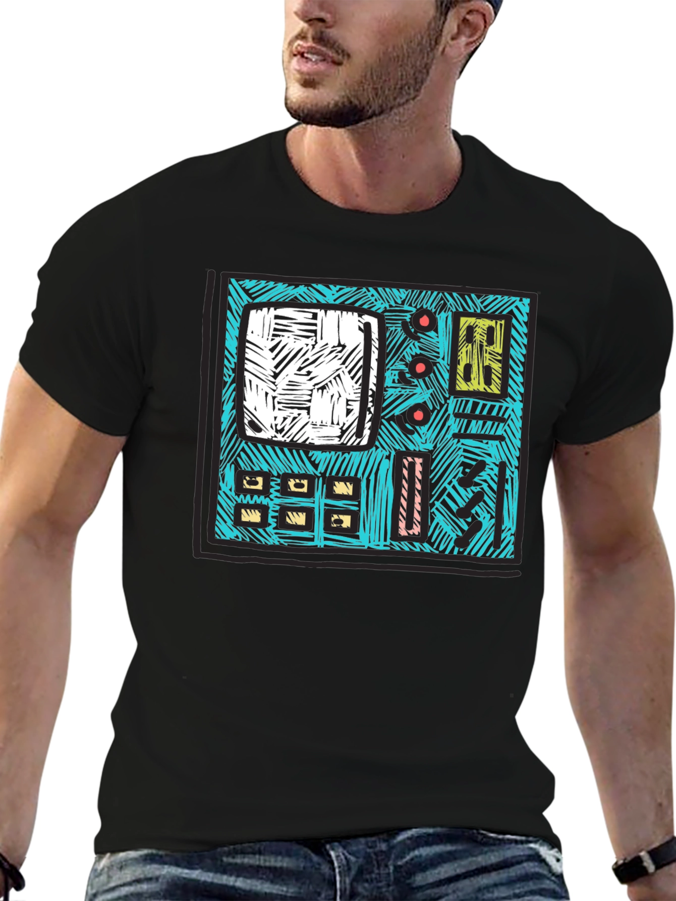 Retro Synth Graphic Tee - Black Cotton T-Shirt