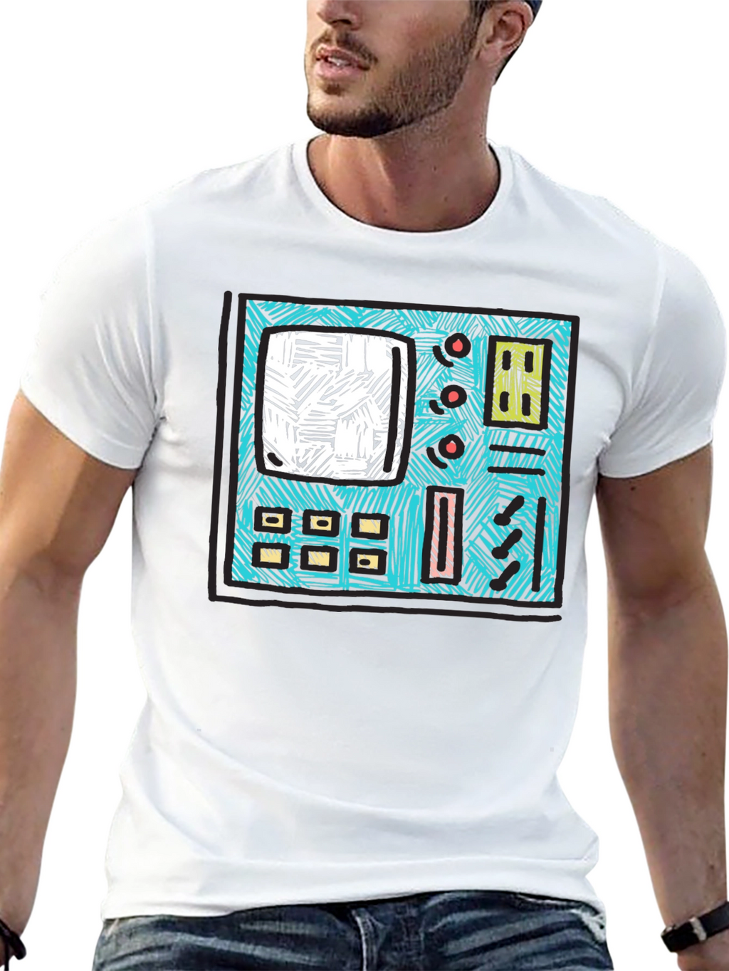 Retro Synth Graphic Tee - Black Cotton T-Shirt