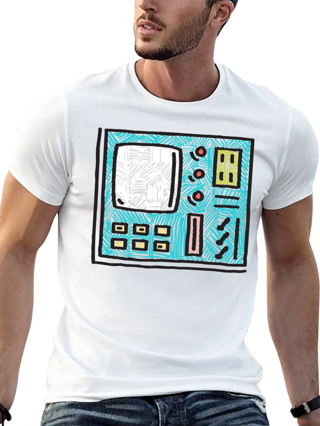 Retro Synth Graphic Tee - Black Cotton T-Shirt