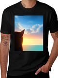 Sunset Cat Graphic Tee - Soft Black Cotton