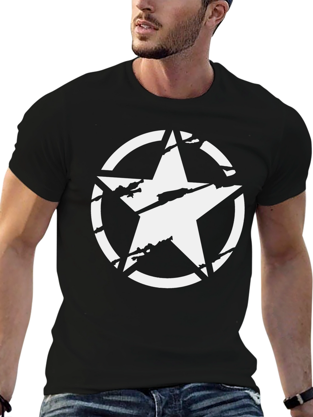 Distressed Star Graphic Tee - Black Cotton Casual Shirt