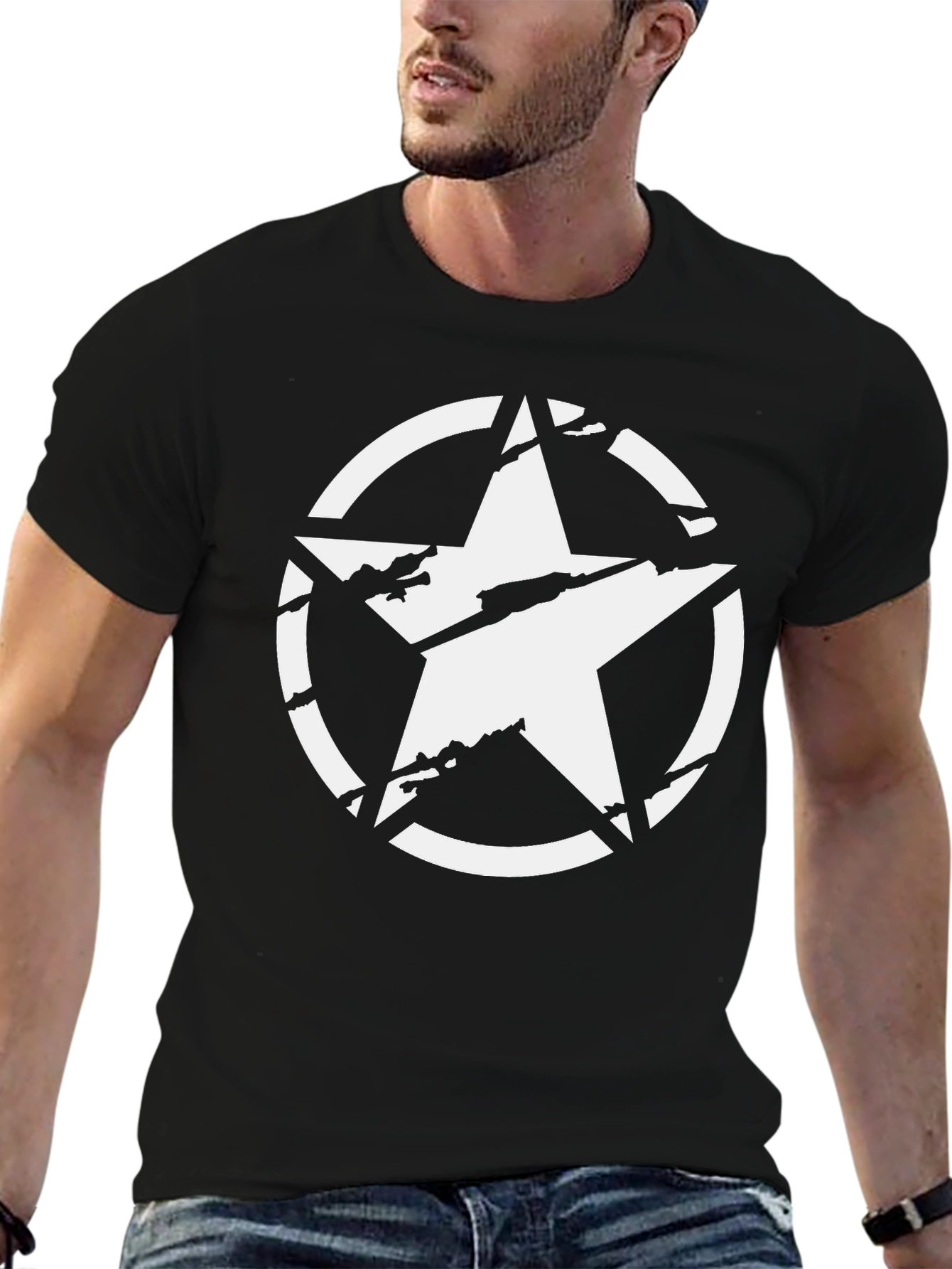 Distressed Star Graphic Tee - Black Cotton Casual Shirt