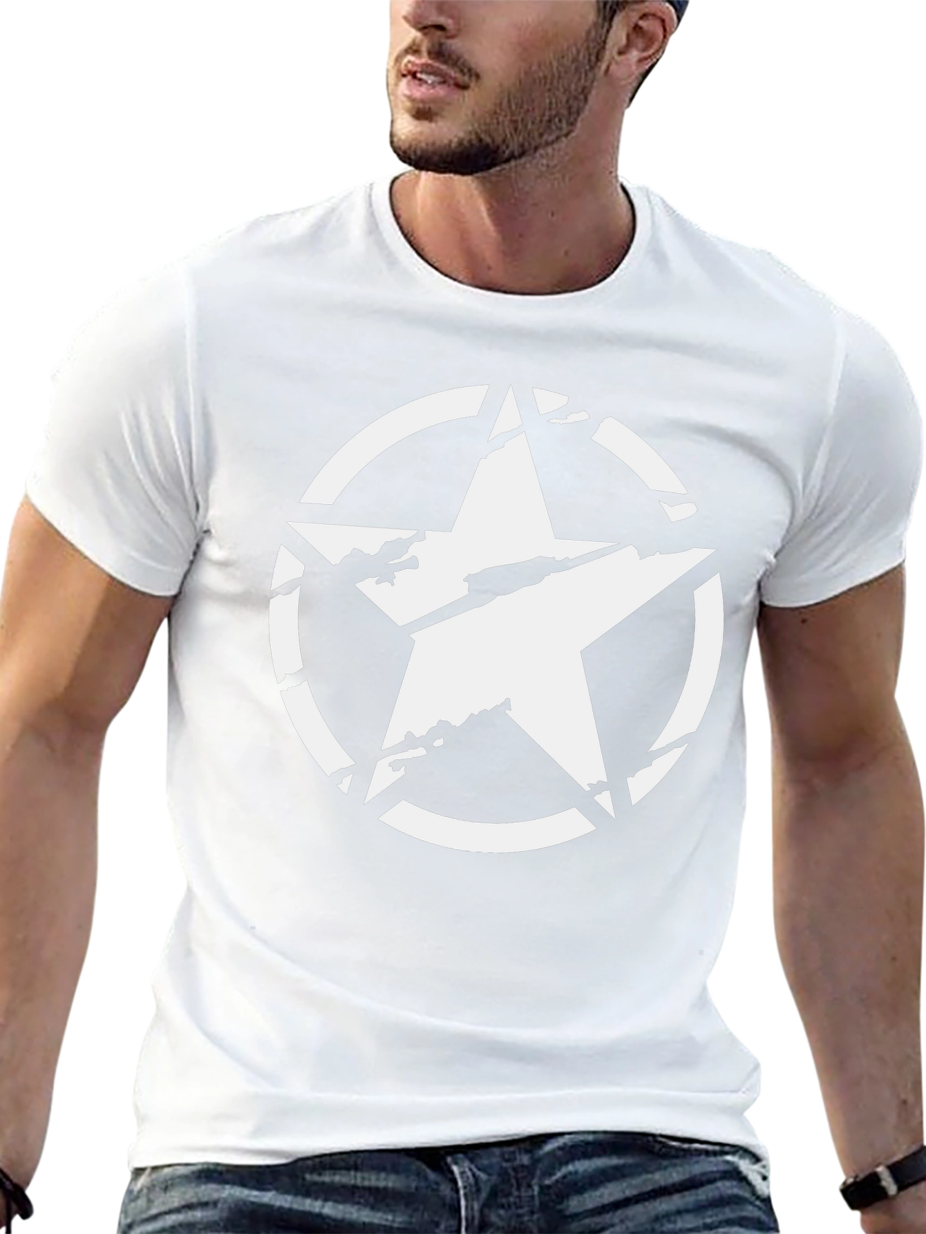 Distressed Star Graphic Tee - Black Cotton Casual Shirt