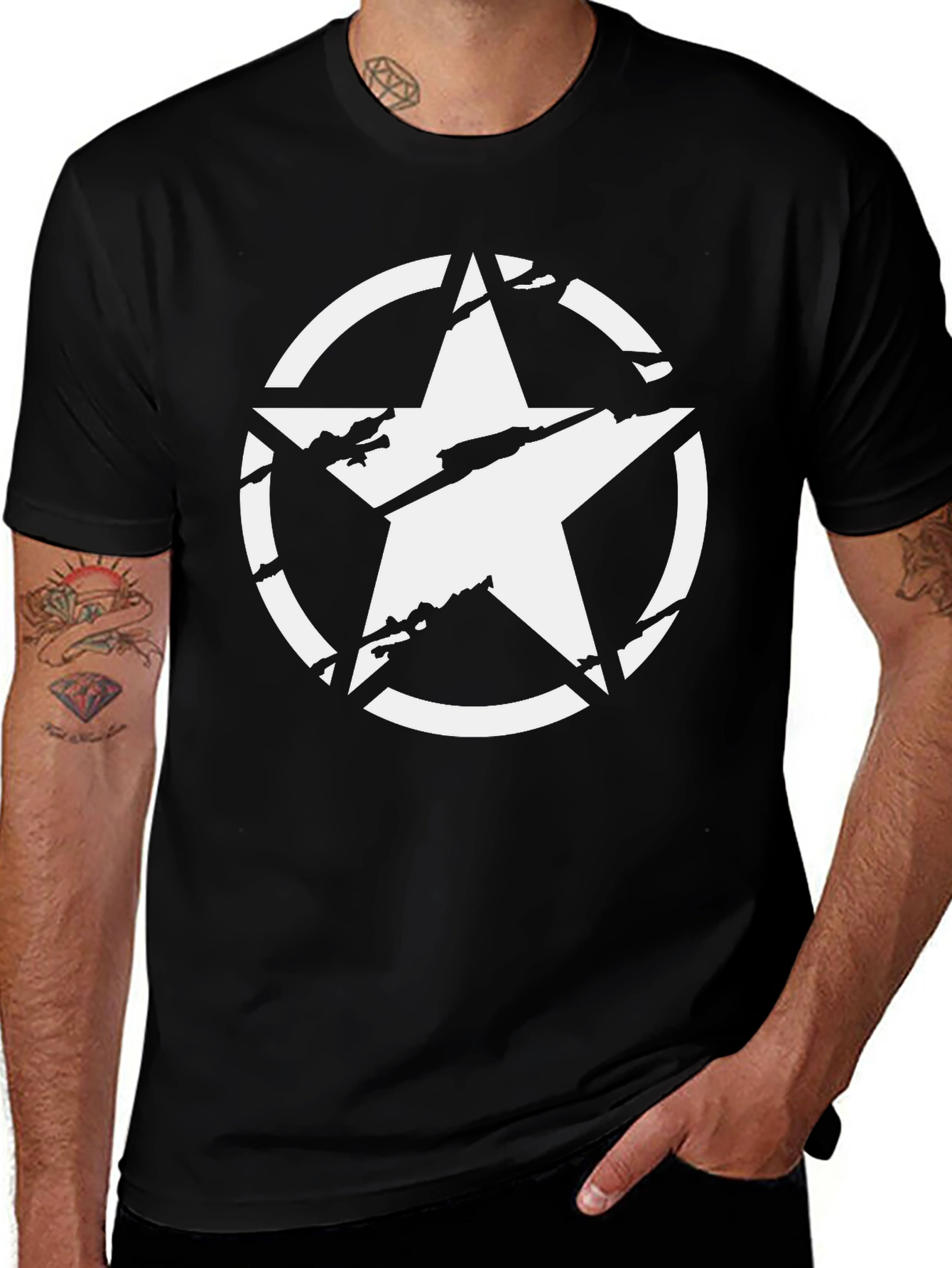 Distressed Star Graphic Tee - Black Cotton Casual Shirt