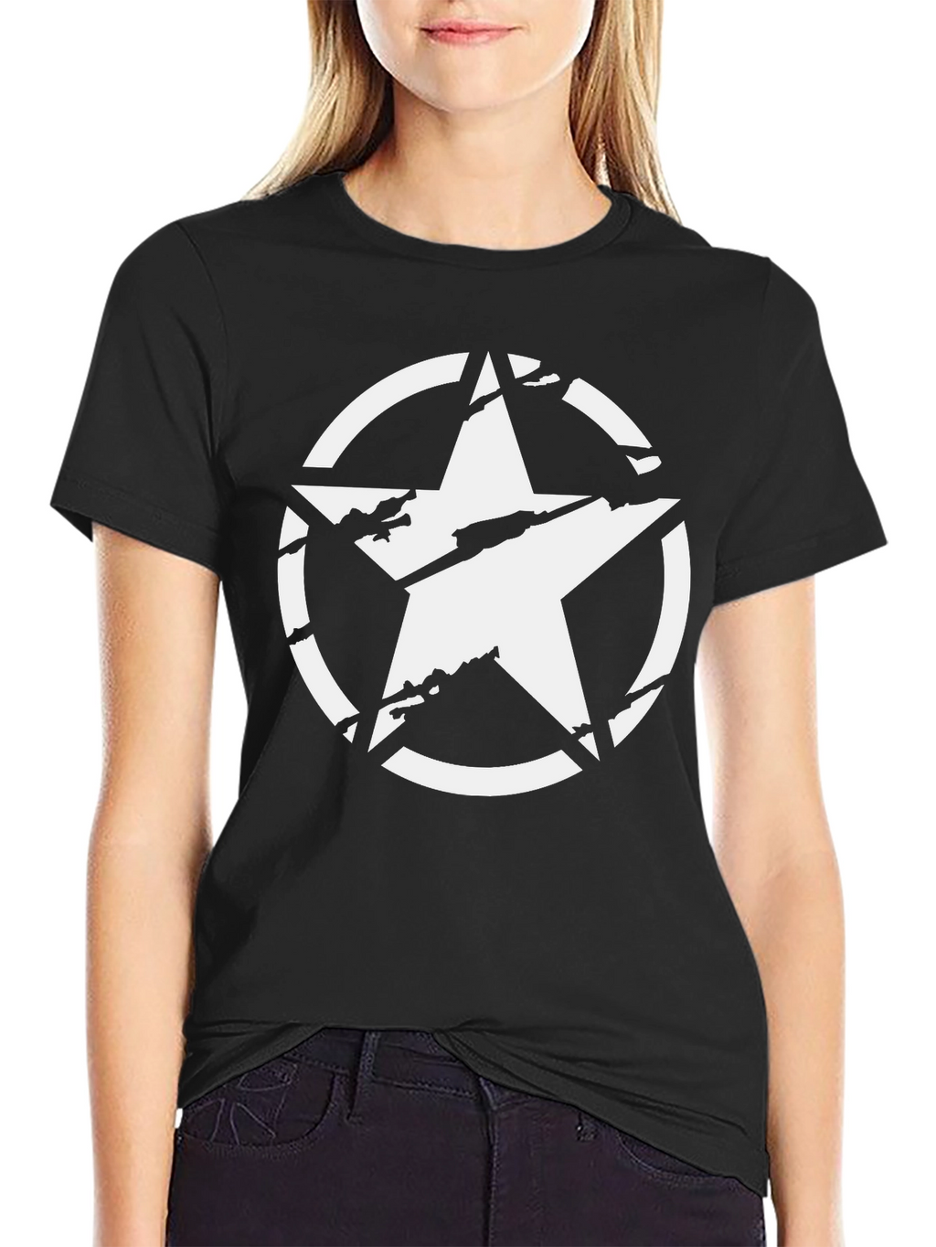 Distressed Star Graphic Tee - Black Cotton Casual Shirt