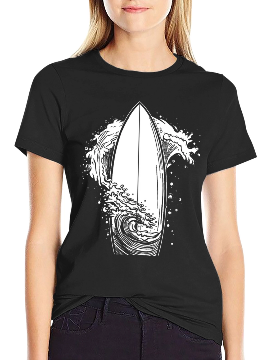 Surfboard Wave Graphic Tee - Black Cotton