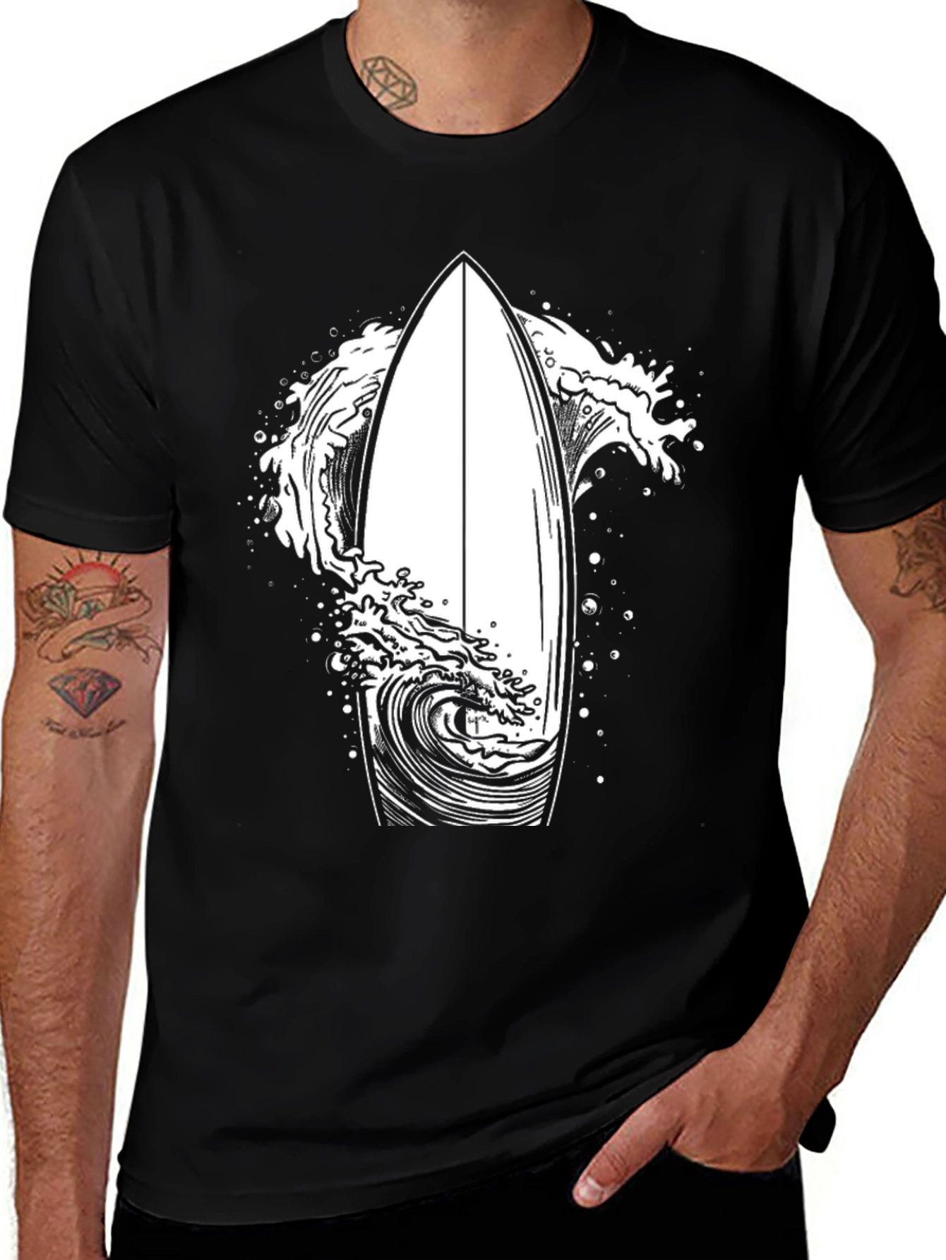 Surfboard Wave Graphic Tee - Black Cotton