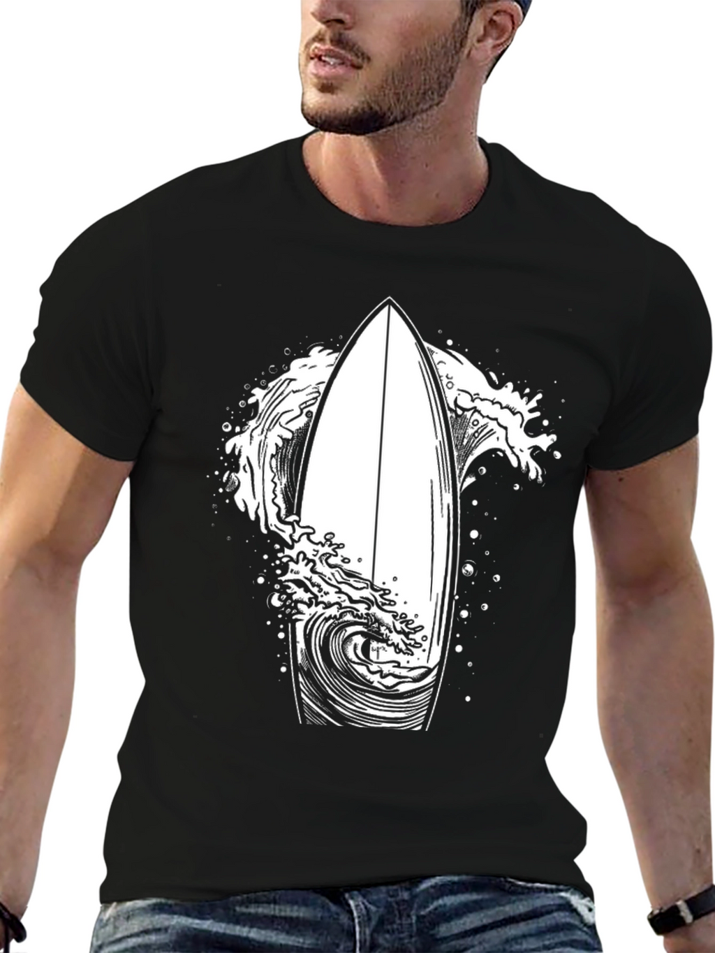 Surfboard Wave Graphic Tee - Black Cotton