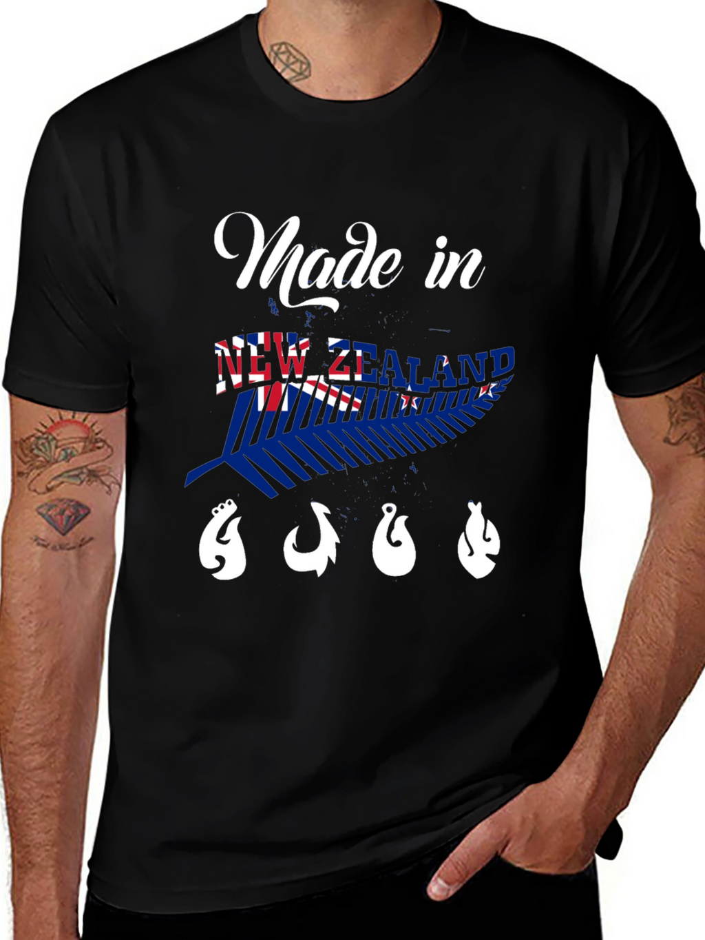 New Zealand Made Black T-Shirt with Fish Hooks