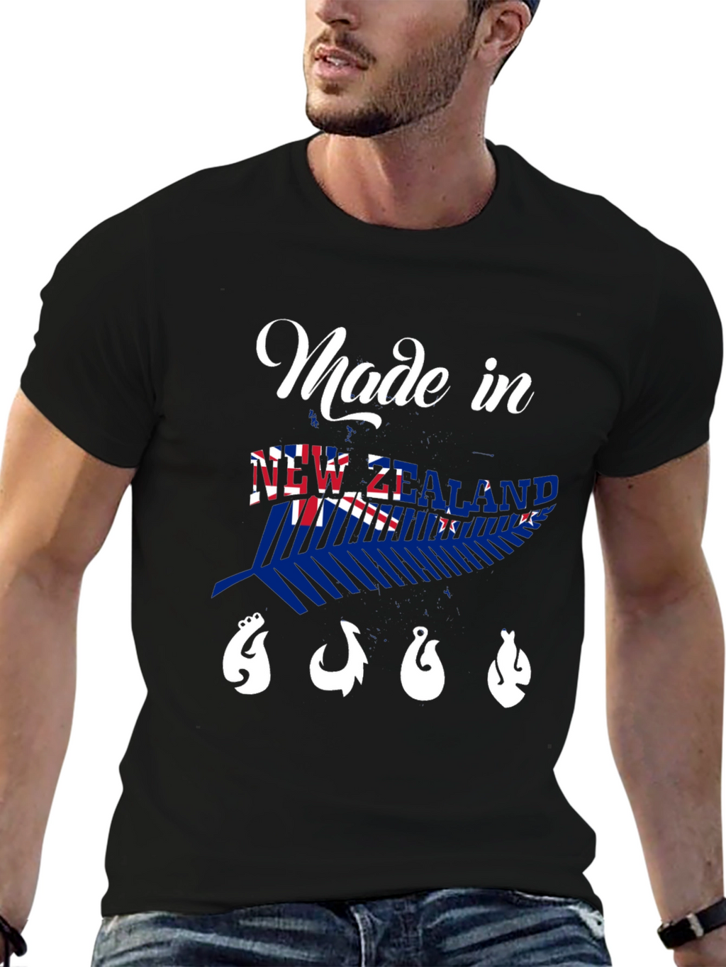 New Zealand Made Black T-Shirt with Fish Hooks