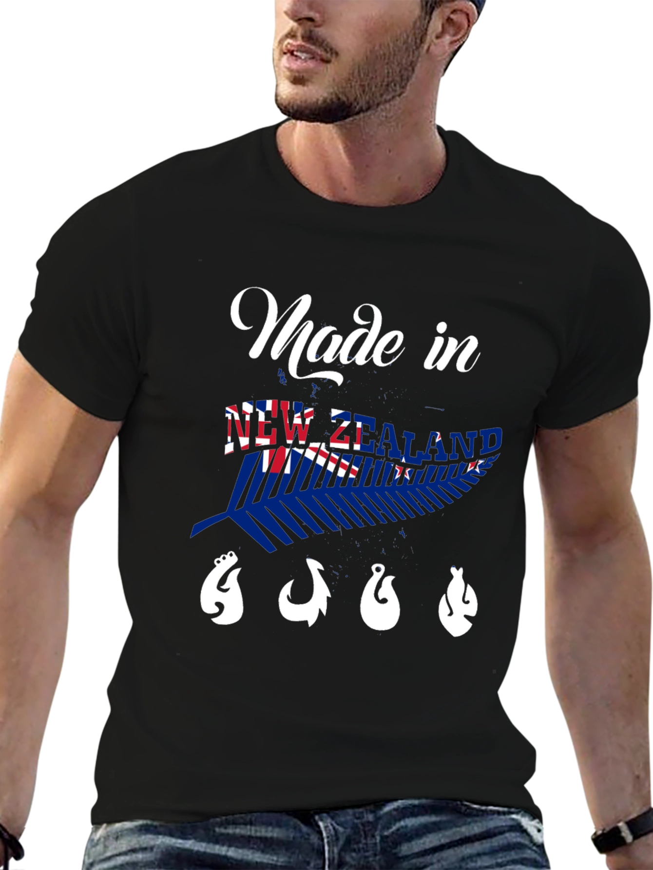 New Zealand Made Black T-Shirt with Fish Hooks