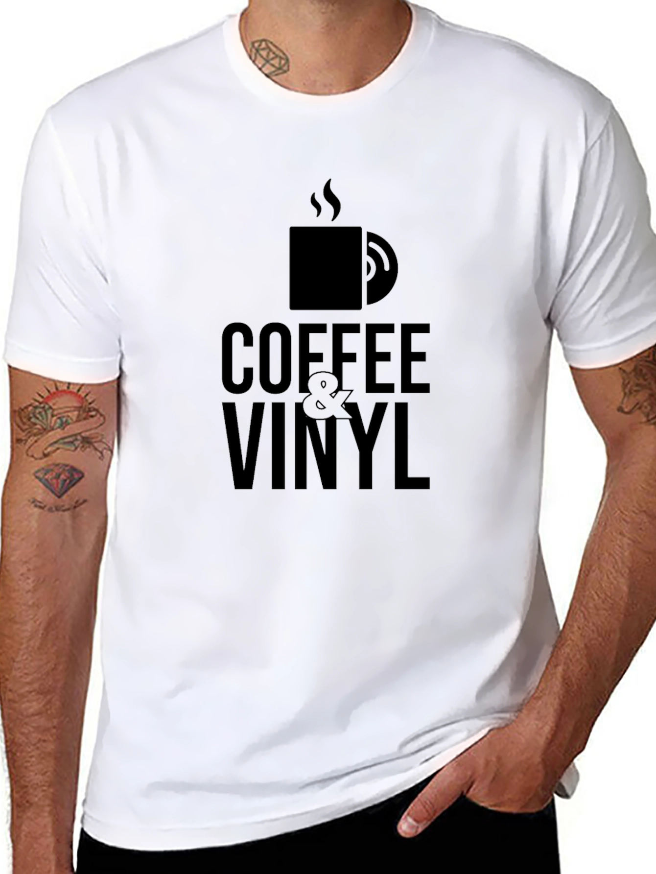 Coffee & Vinyl Graphic Tee - Black Casual T-Shirt