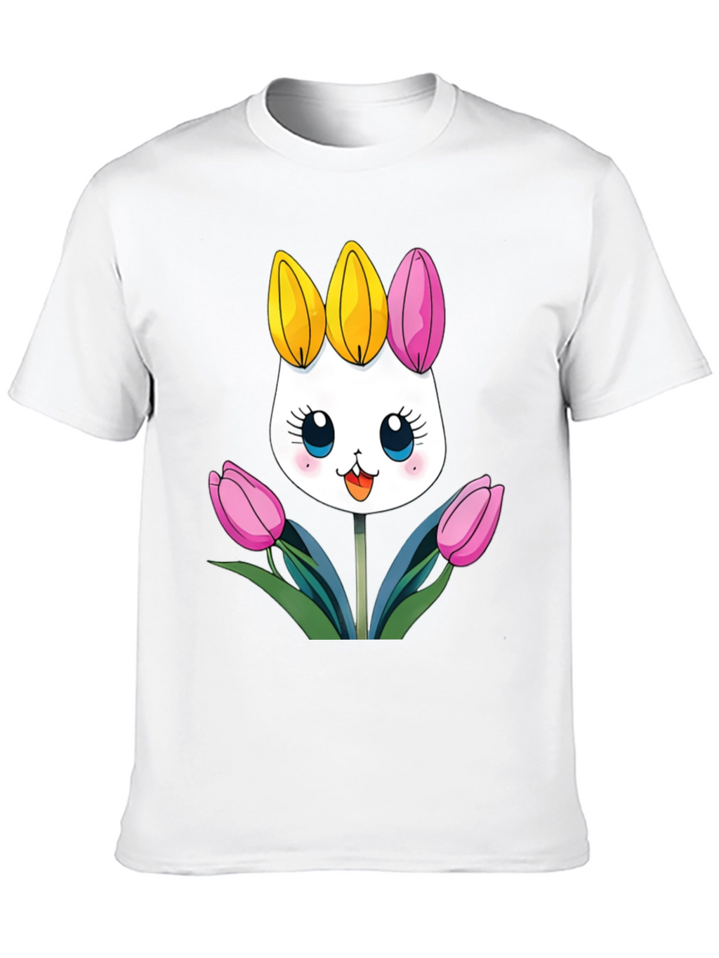 Cute Cartoon Bunny Tulips Black T-Shirt
