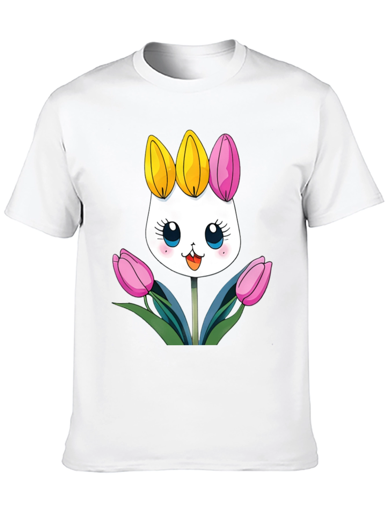 Cute Cartoon Bunny Tulips Black T-Shirt