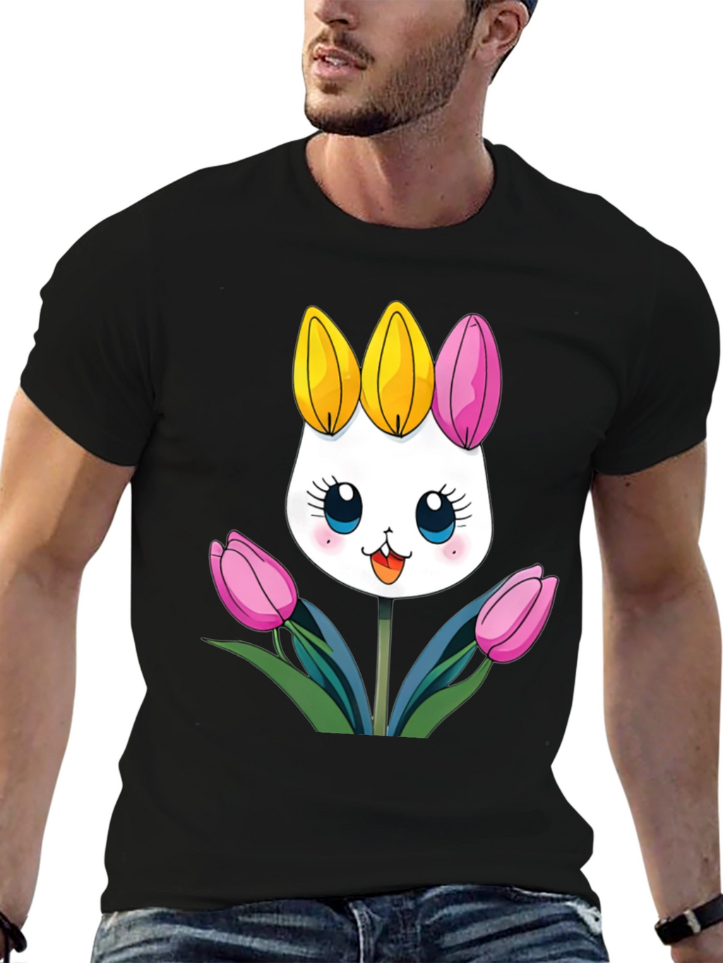 Cute Cartoon Bunny Tulips Black T-Shirt